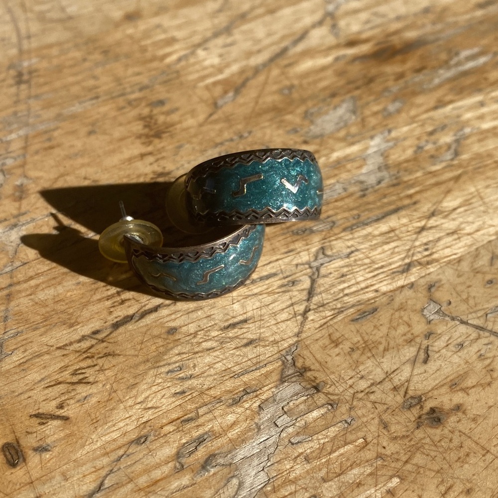 Vintage Mexican Sterling Silver Earrings – Blue Enamel Inlay, MEX Mark